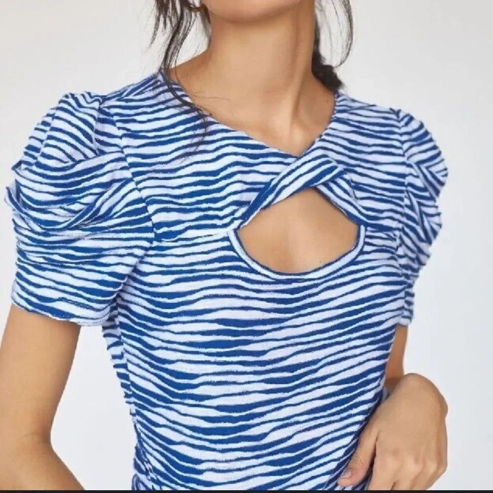 ANTHROPOLOGIE MAEVE Puff Sleeve Striped Top Blue White Women’s Size Small